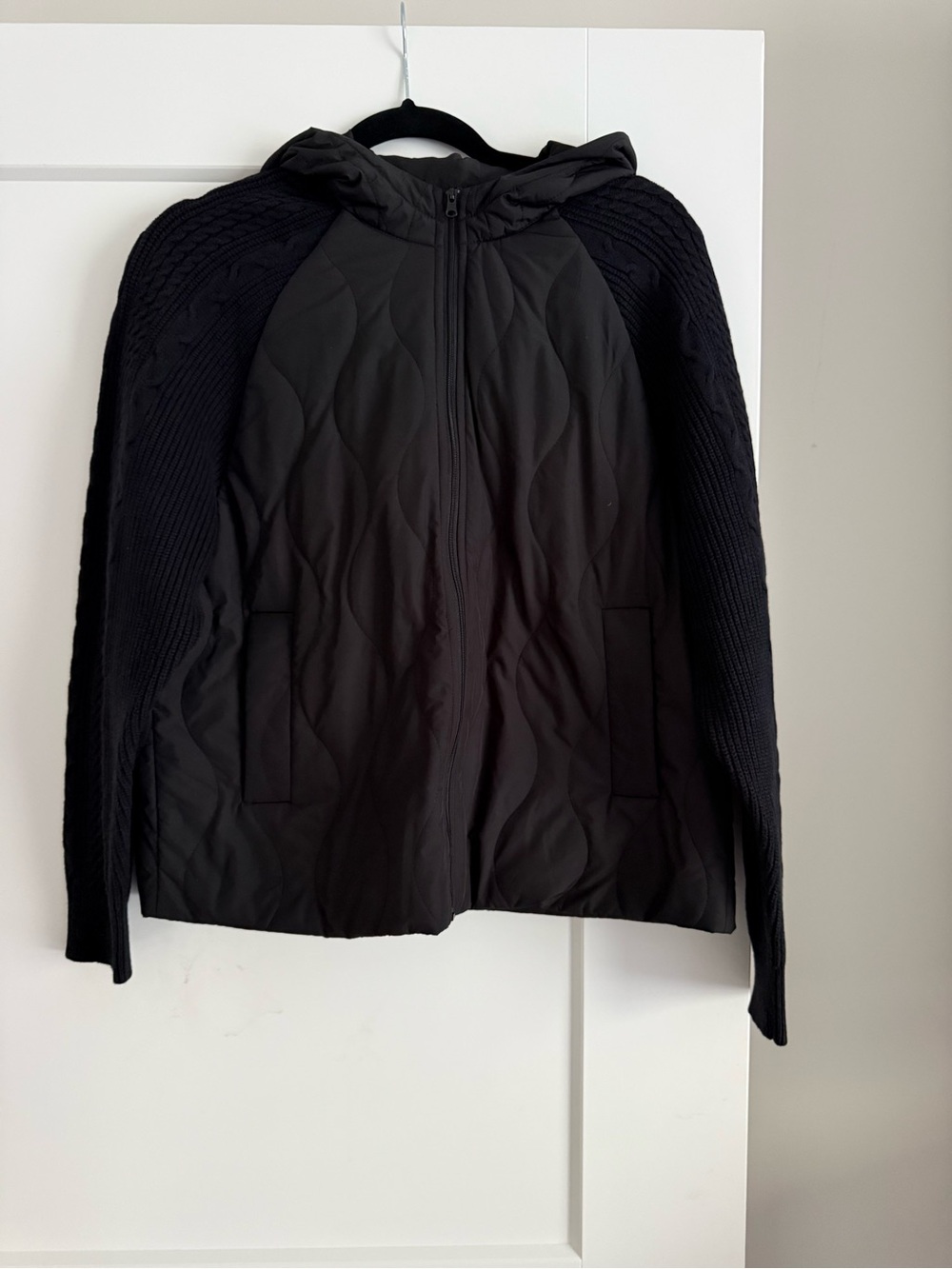 J.Jill Black Quilted Hooded Jacket with Knit Sleeves